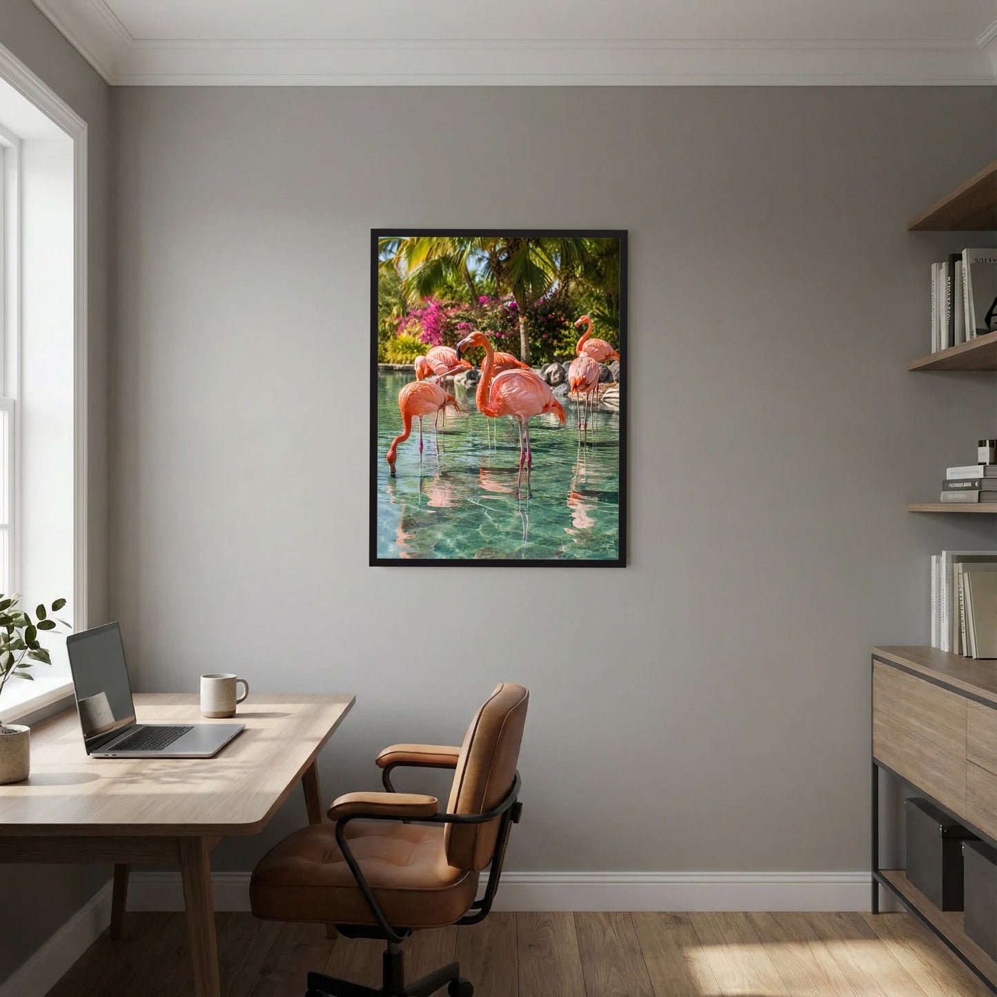 Hochformat-Poster mit Flamingos im Türkiswasser und grünen Palmen