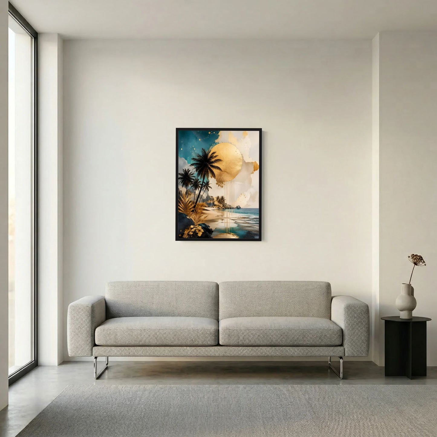Gerahmtes Poster mit abstrakter Küstenlandschaft: Palmen, goldene Sonne, Strand