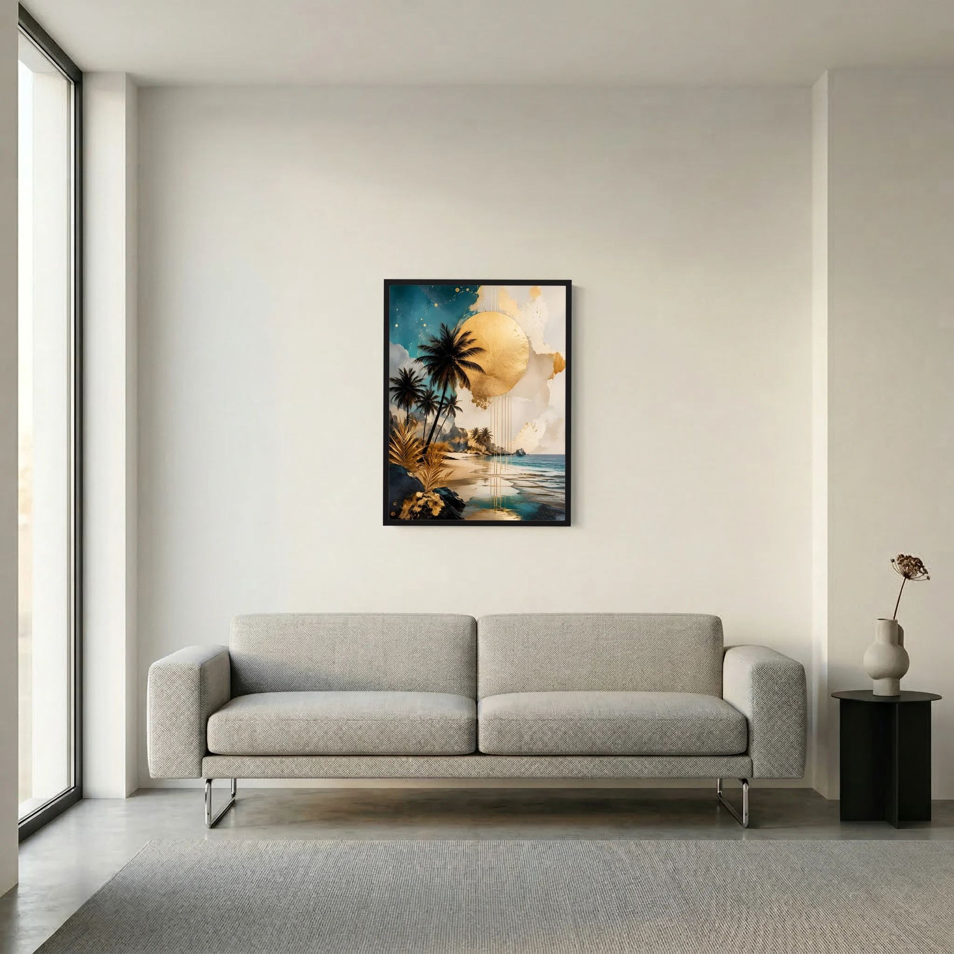 Gerahmtes Poster mit abstrakter Küstenlandschaft: Palmen, goldene Sonne, Strand