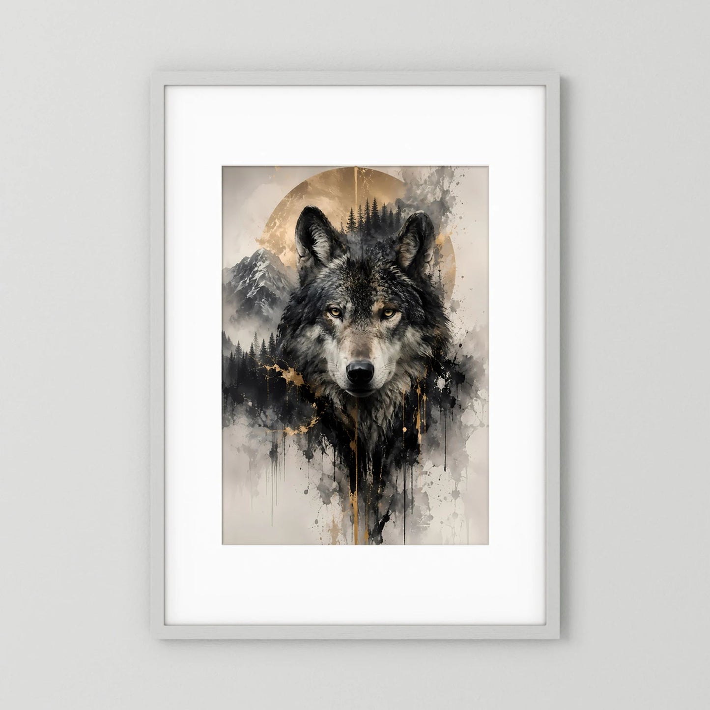 Hochformatiges Wolfsposter mit dunklem Wolfsporträt und goldenen Akzenten