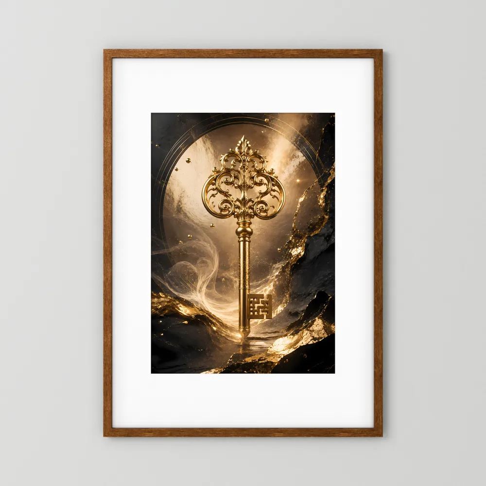 Gerahmtes Kunstposter: goldener Zierschlüssel auf dunklem, gold schimmerndem Hintergrund