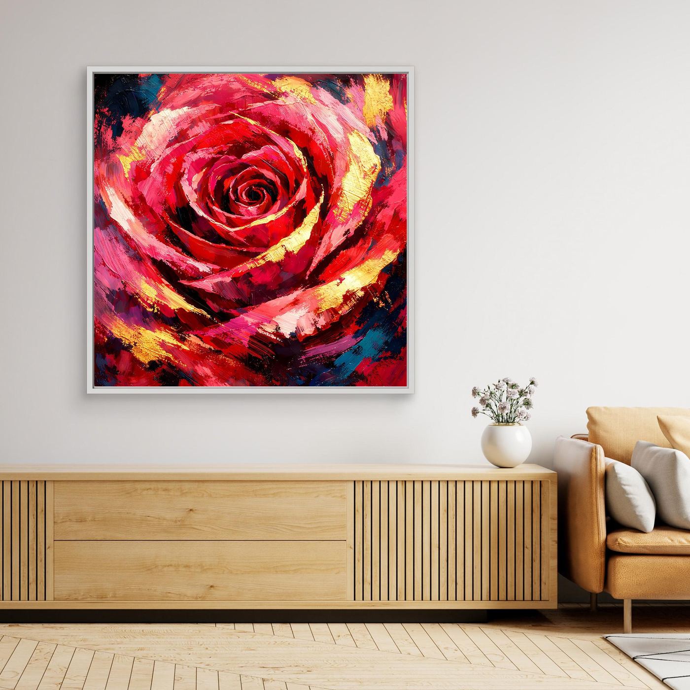 Gerahmtes Leinwandbild mit abstrakter roter Rose, rechteckig, heller Rahmen