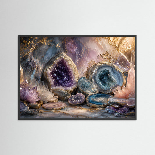 Mineralien-Poster im schwarzen Holzrahmen, Amethyst- und Achatkristalle violett-blau