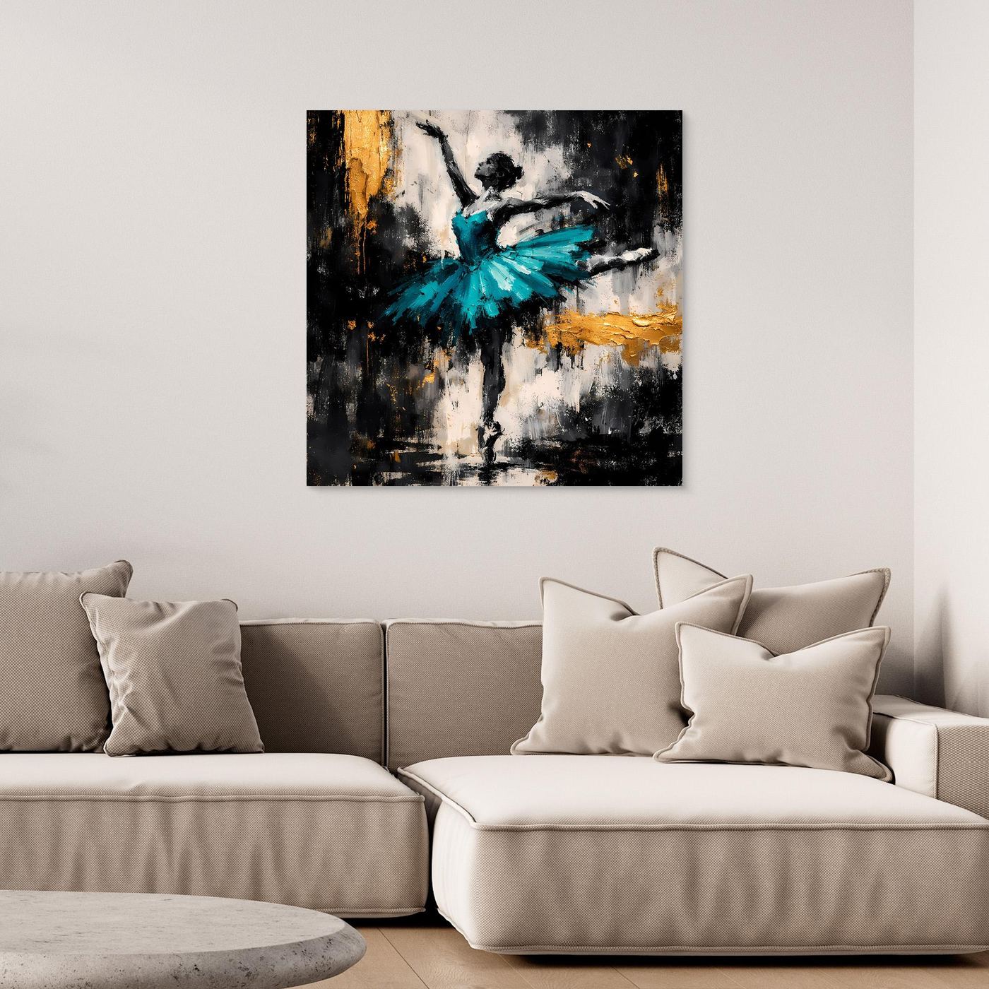 Leinwand Abstrakte Ballerina in Türkis und Gold | Modernes Ballett Wandbild mit Tanz-Motiv