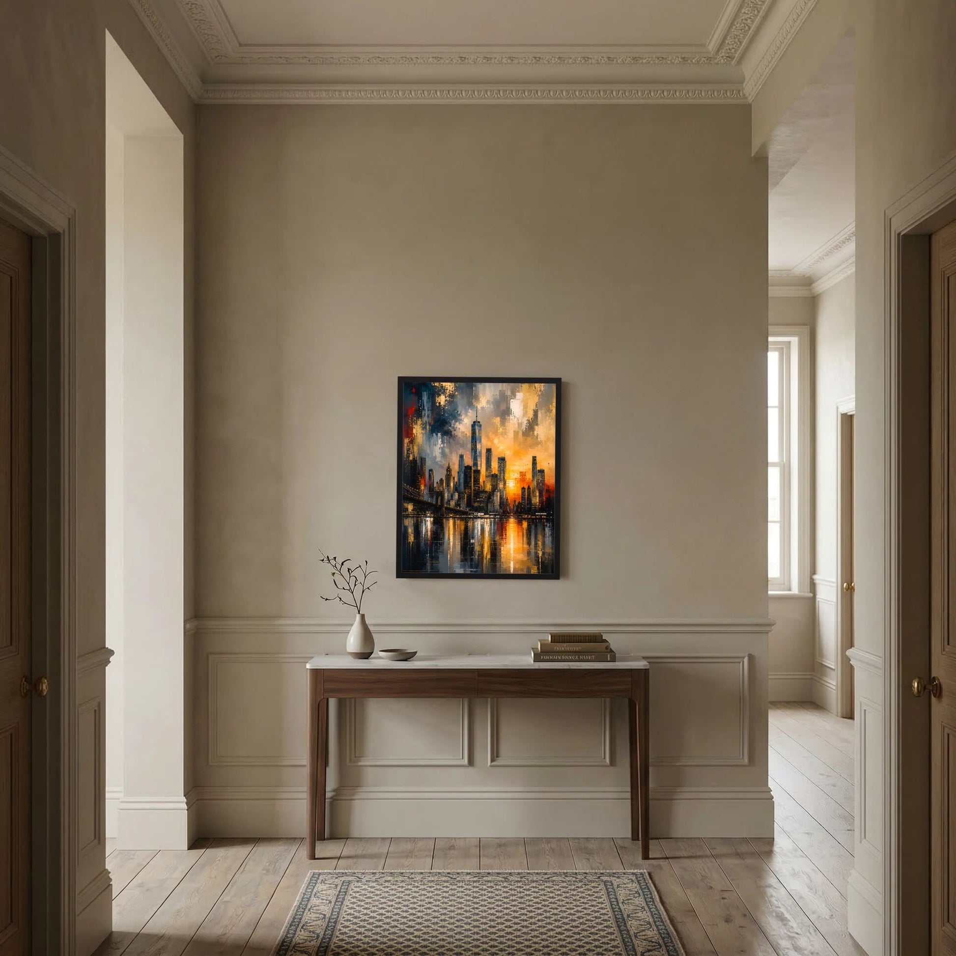 Gerahmtes Poster mit abstrakter Skyline in Schwarz und Gold, warmes Licht in den Häusern