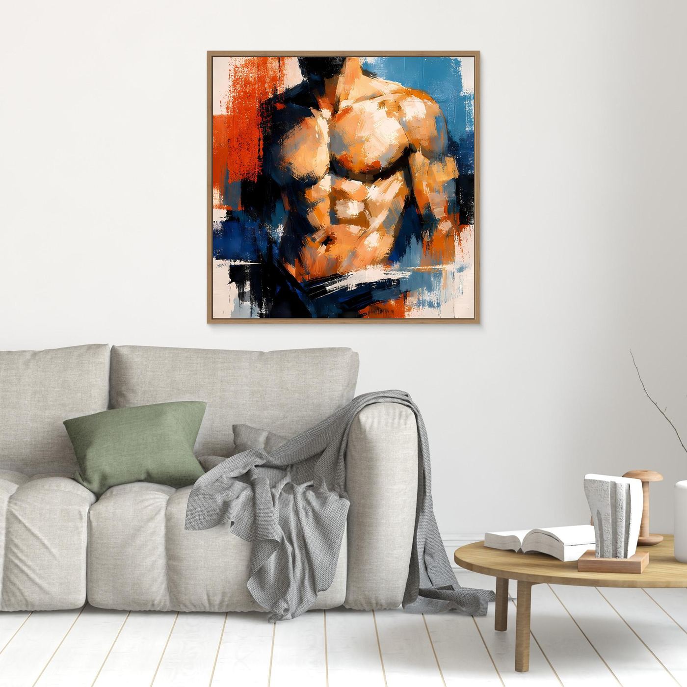 Small framed abstract male torso painting with oak frame and orange blue black strokes