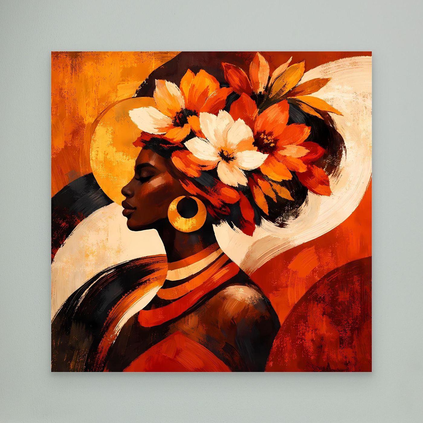 Leinwandbild mit Porträt einer Frau im Profil, orange-weißer Blumenkranz, ohne Rahmen