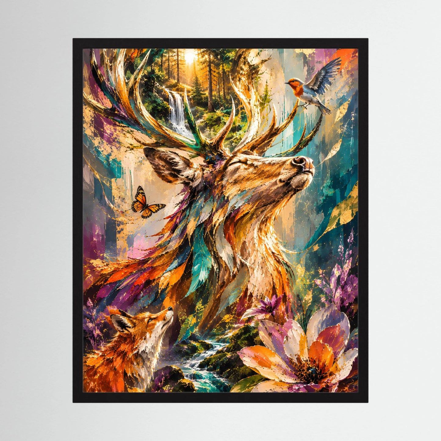 Hochformat-Poster im schwarzem Rahmen mit Hirsch, Vogel im Flug und bunten Blüten