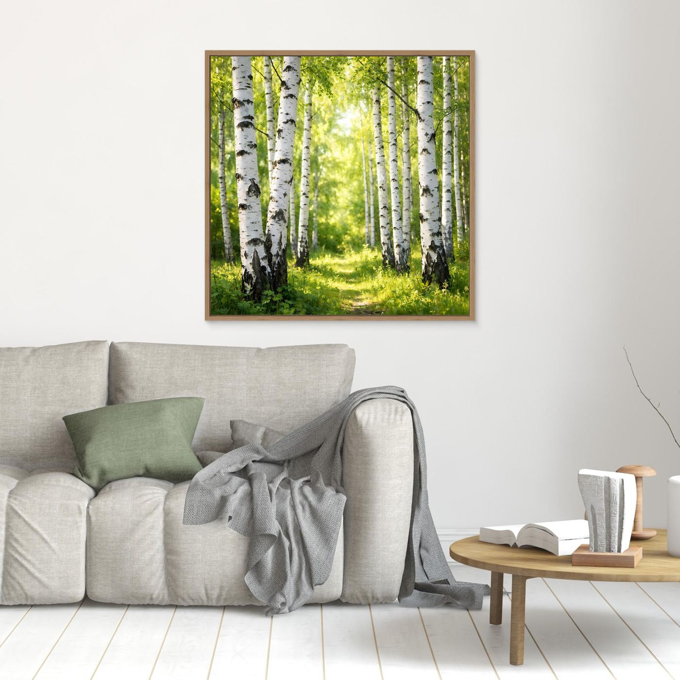 Leinwandbild Birkenwald mit Sonnenlicht, goldbrauner Holzrahmen