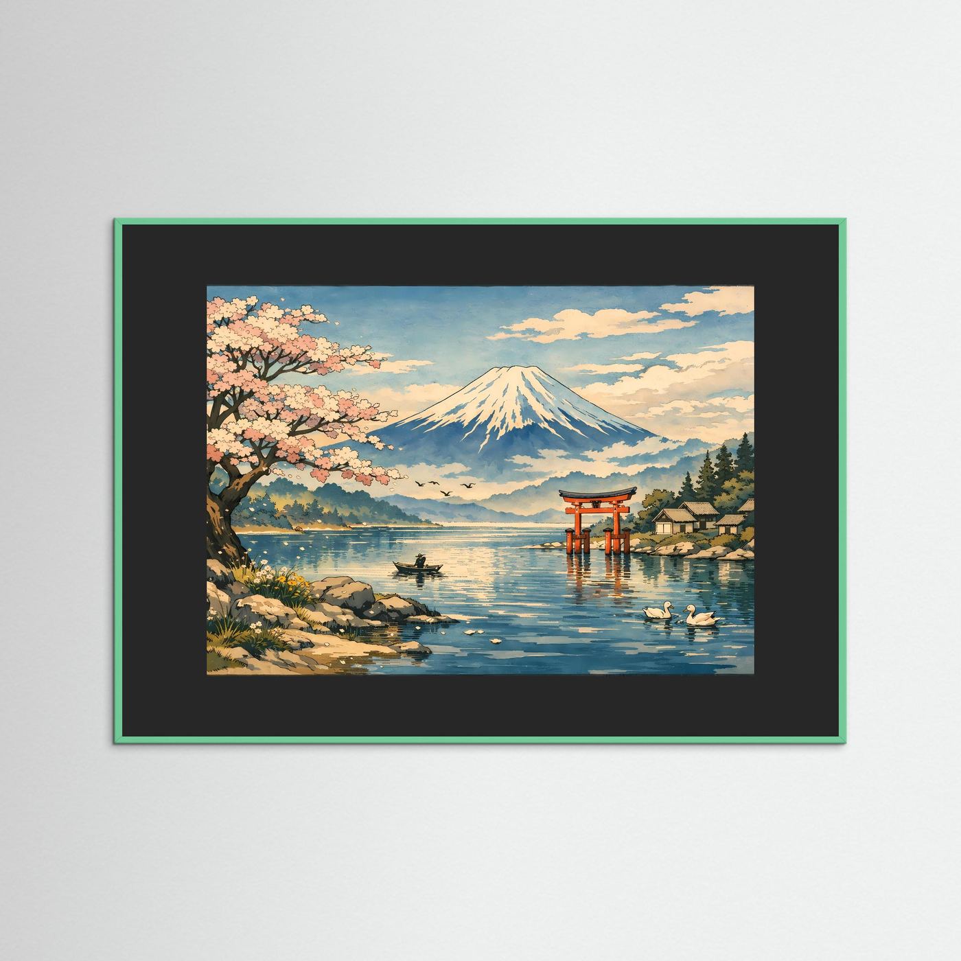 Wandbild-Poster mit Fuji und Kirschblüten, grüner Holzrahmen, schwarzer Rahmenhintergrund