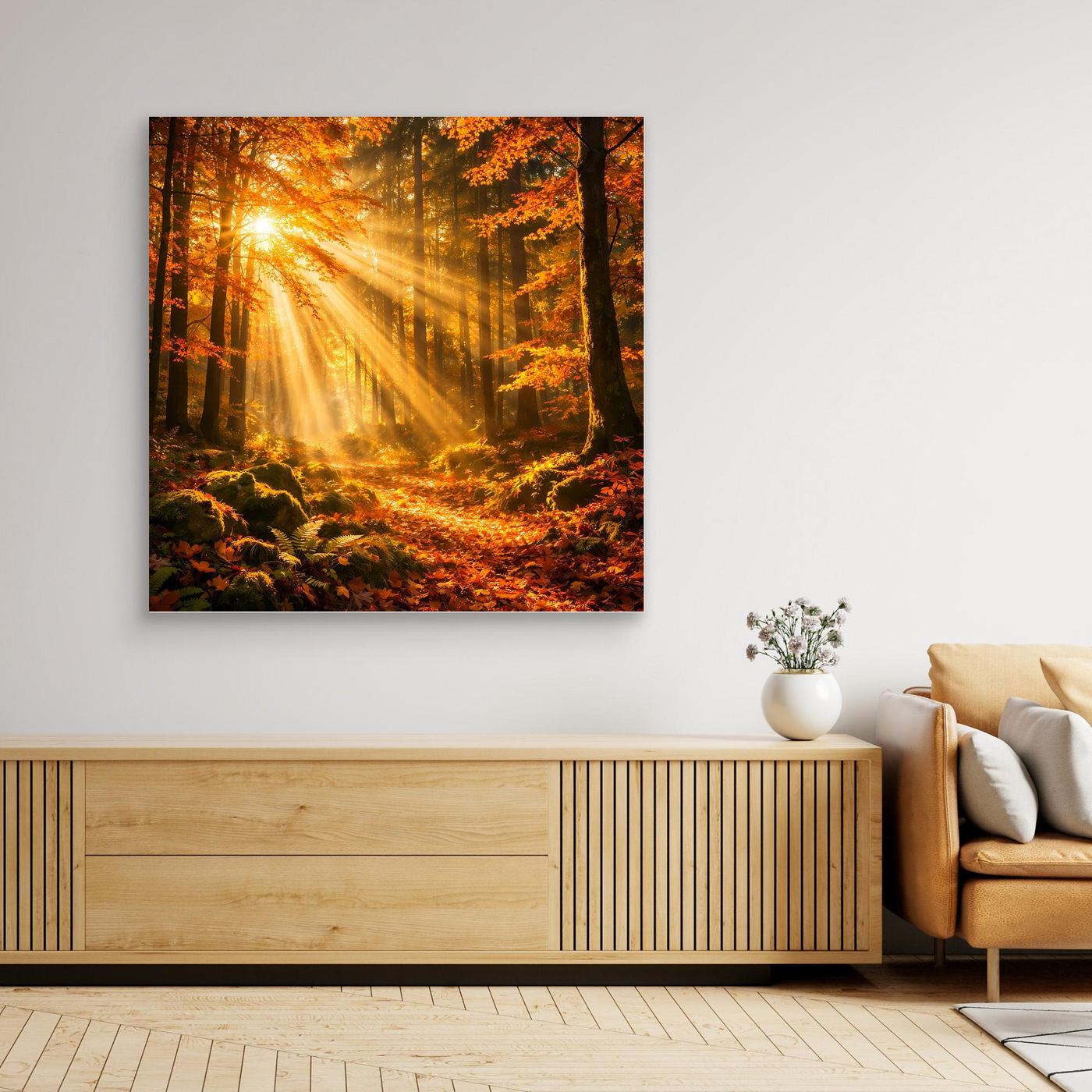 Gerahmtes Leinwandbild „Goldener Herbstwald“ mit goldenen Sonnenstrahlen im Wald