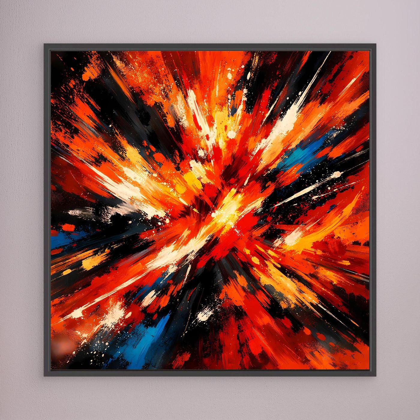 Abstraktes Leinwandbild mit Farbexplosion in Orange, Rot, Gelb und schwarzen Strahlen im schwarzen Rahmen.
