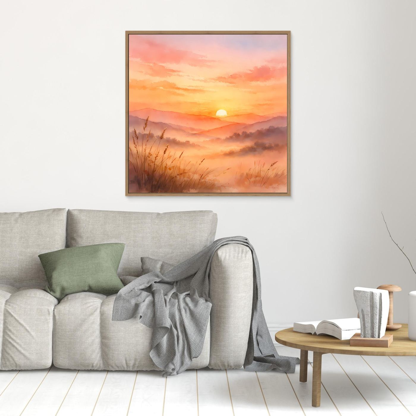 Leinwandbild Sonnenuntergang in den Bergen mit Holzrahmen