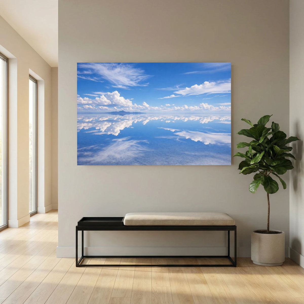 Gerahmtes Querformat-Poster mit Himmel- und Wolkenspiegelung über ruhigem Wasser