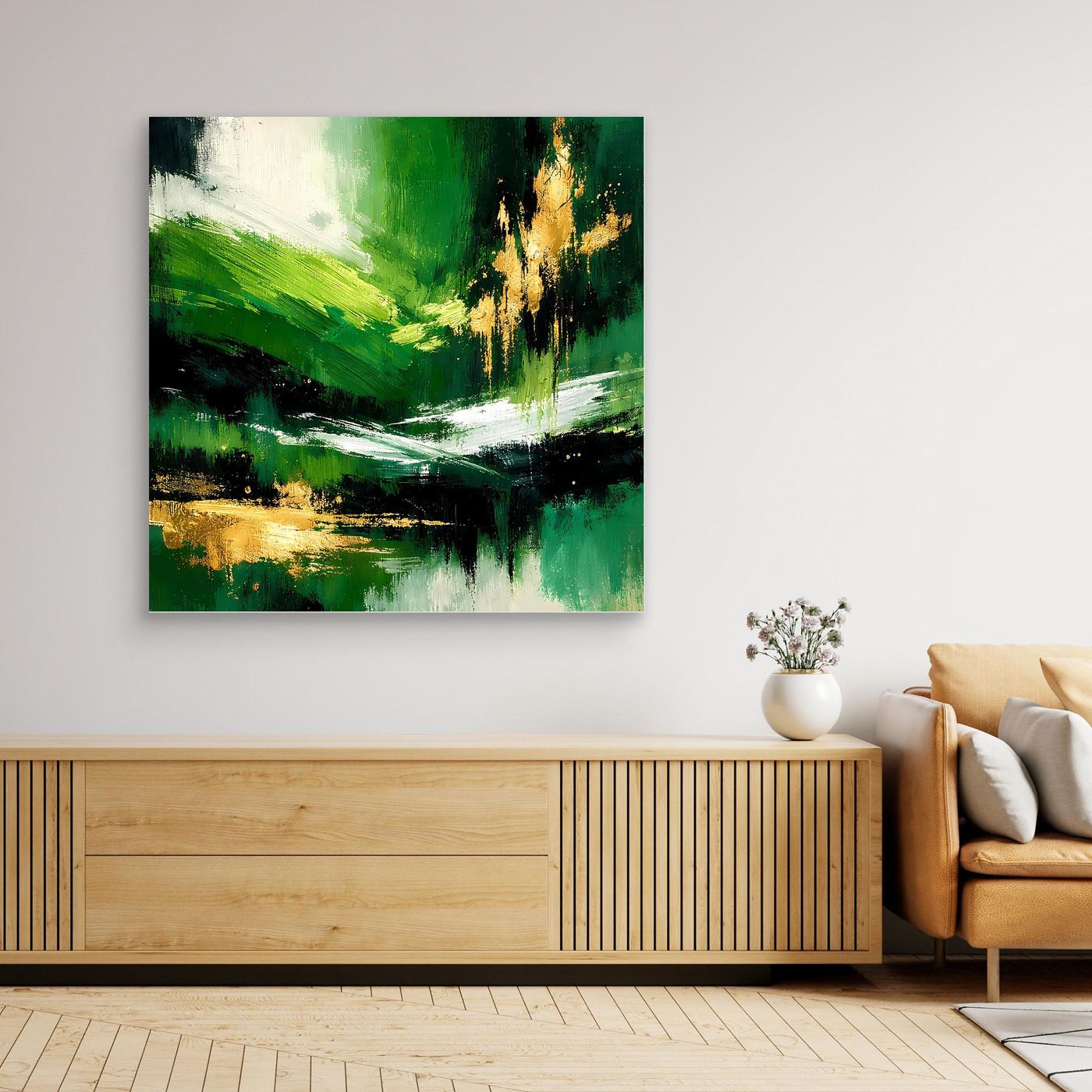 Leinwand Abstraktes Landschaftsgemälde in Smaragdgrün und Gold | Modernes Natur Wandbild
