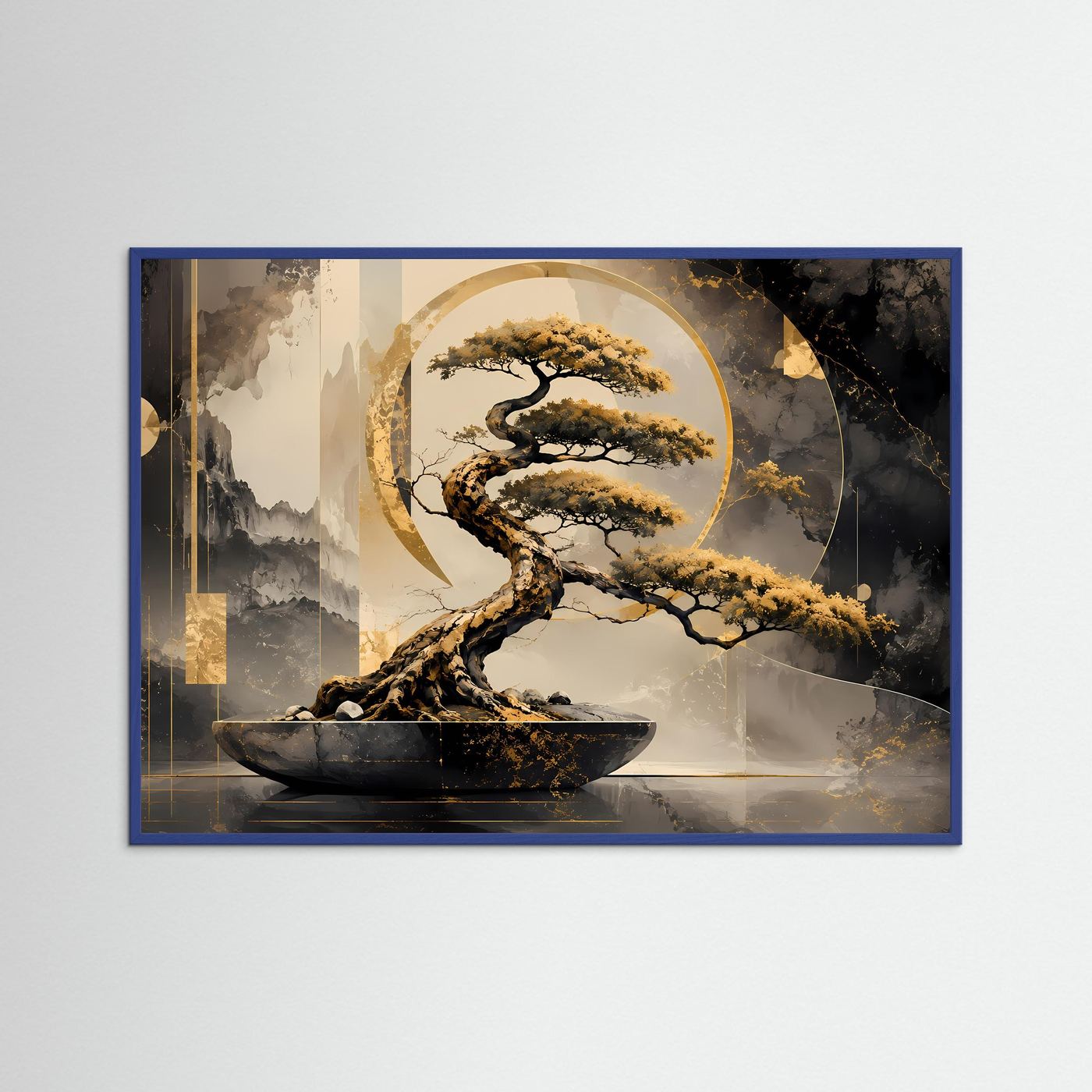 Goldener Bonsai – Zen Baum in Schwarz & Gold | Elegante abstrakte Wandkunst