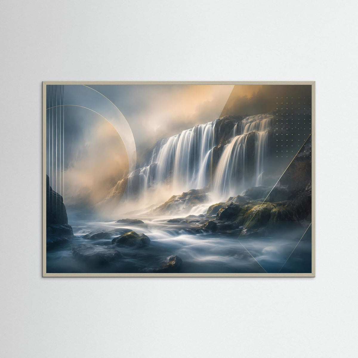 Querformat-Poster mit Wasserfall in Blau und Gold, im grauen Holzrahmen