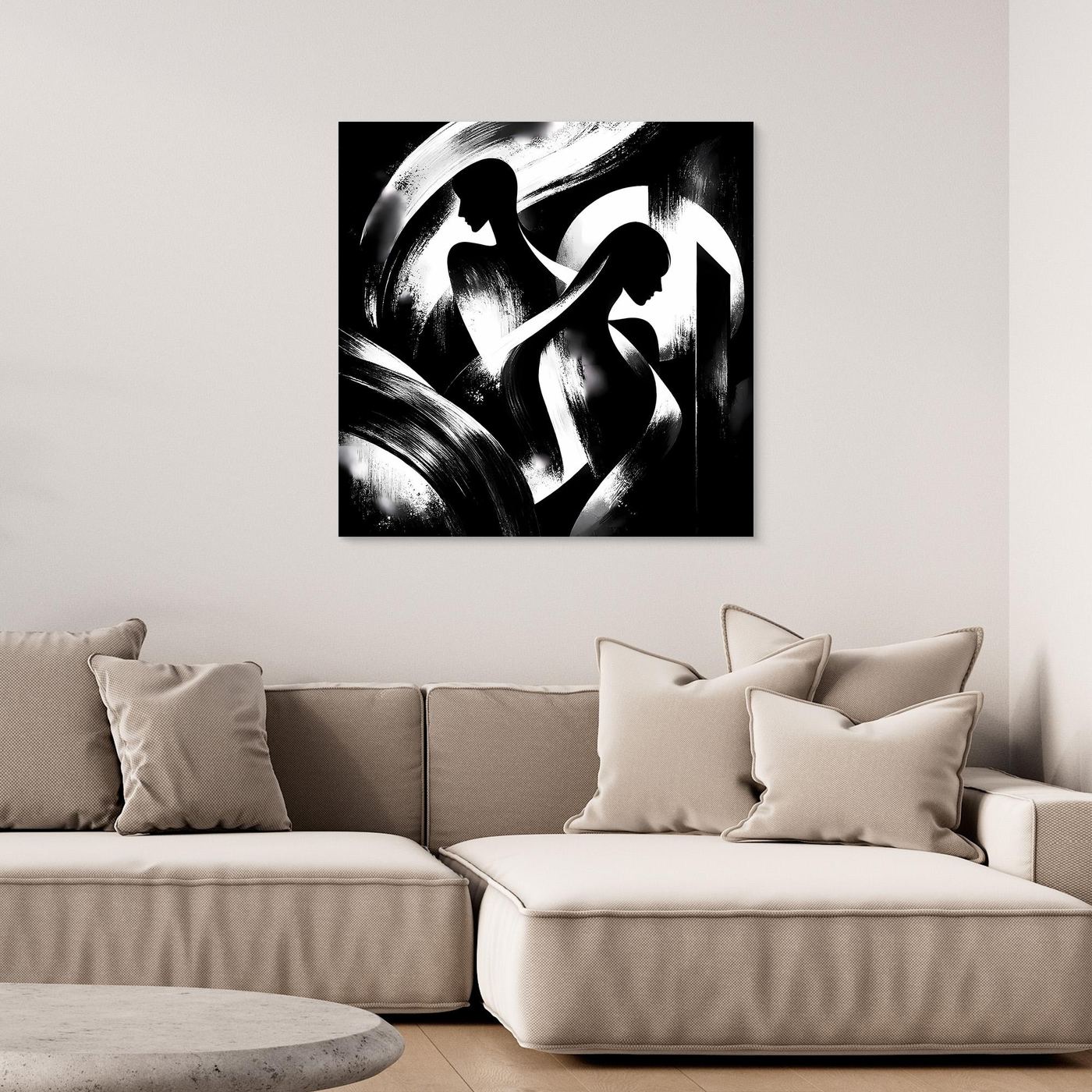 Wandbild auf Leinwand mit schwarz-weißen abstrakten Silhouetten, rahmenlos