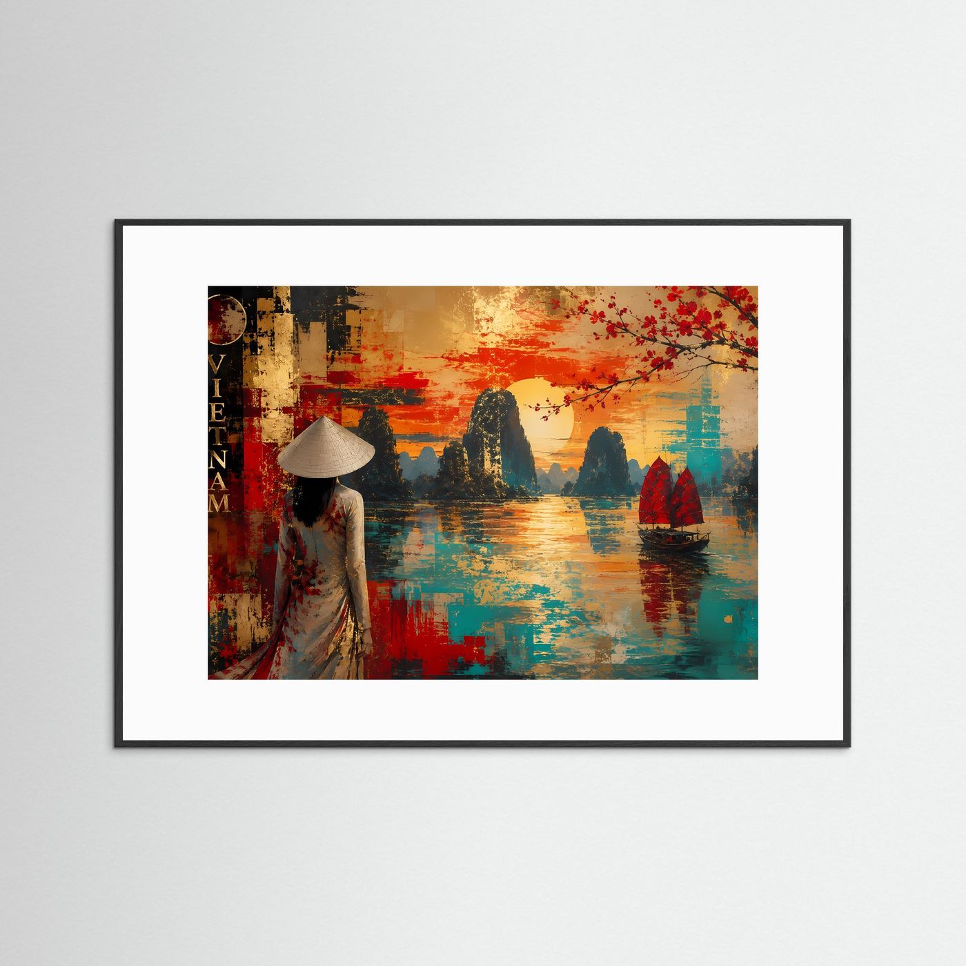 Querformatiges Kunstposter mit schwarzem Rahmen und weißem Passepartout: Frau im Hut, Boot.
