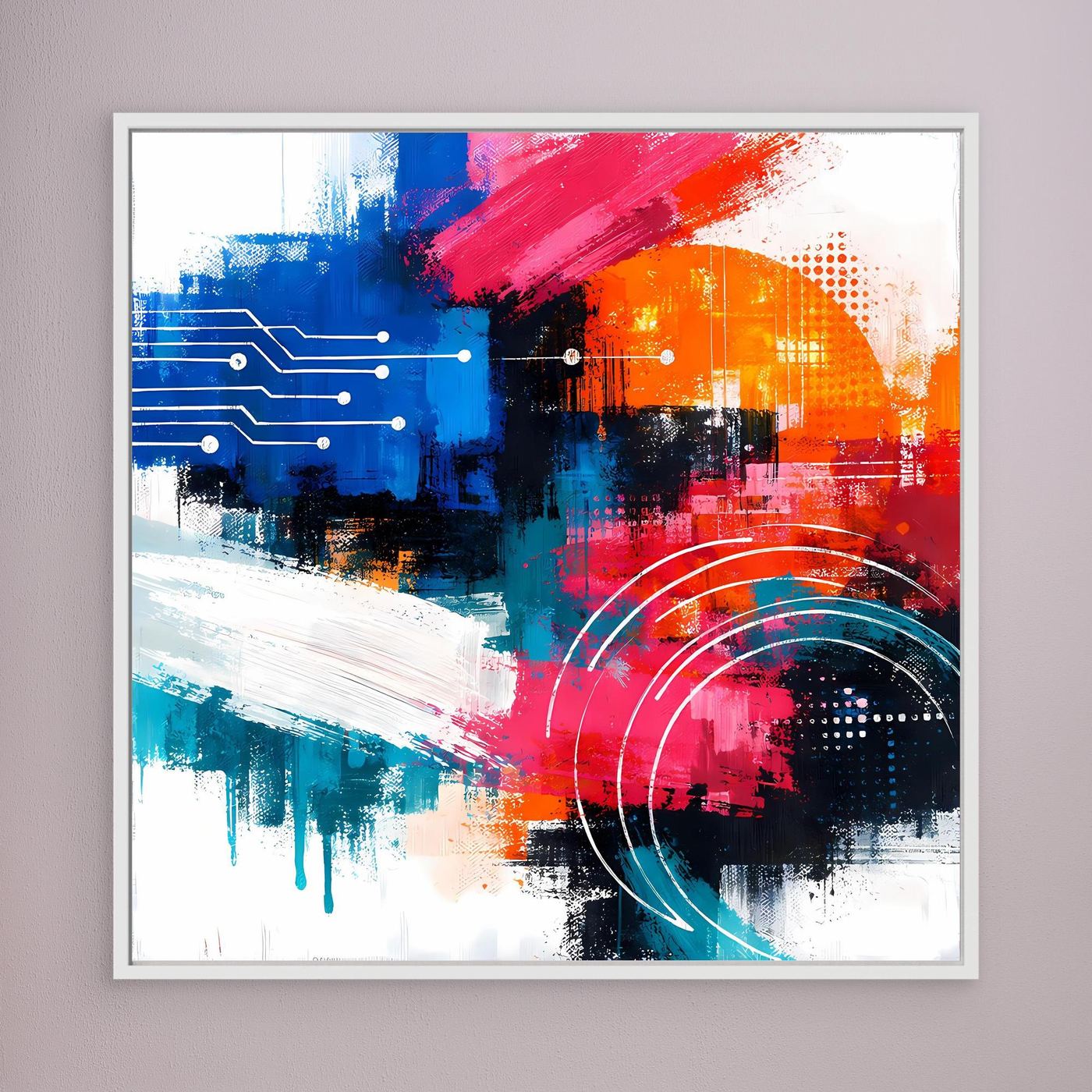 Abstract canvas wall art with blue, red, orange blocks, circuit lines, and red arc rings; white frame