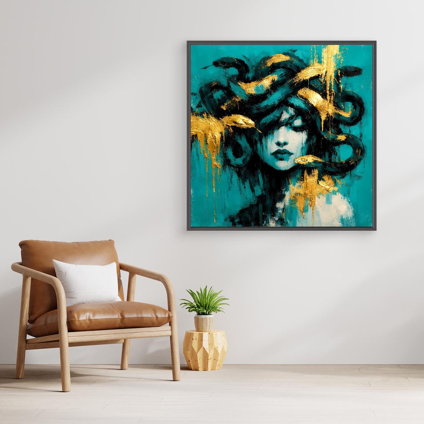 Leinwand Mythische Medusa in Türkis und Gold | Abstraktes Gorgonen Wandbild