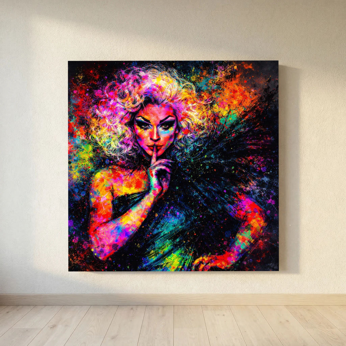 Leinwandbild: Pop-Art-Drag-Queen-Porträt mit intensiven Farbsprenkel-Texturen