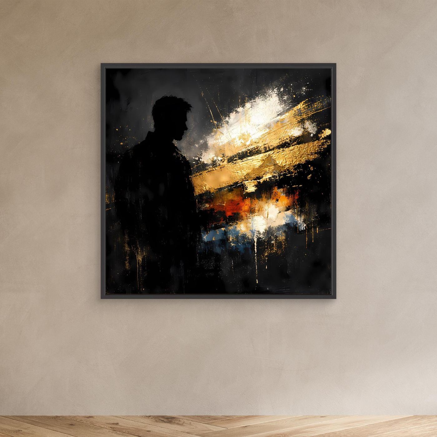 Leinwand Markante Silhouette in Gold und Schwarz | Modernes Abstraktes Männer Portrait Wandbild