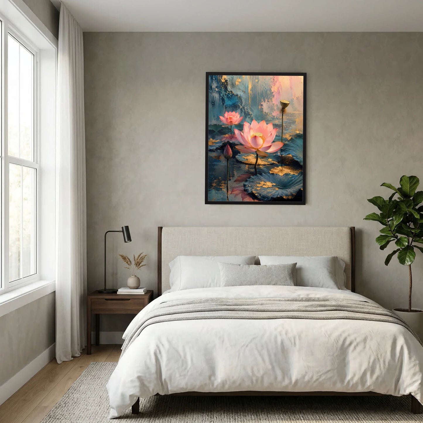Gerahmtes Poster im Hochformat mit rosa Lotusblüten auf türkisfarbenem Wasser und goldenen Details
