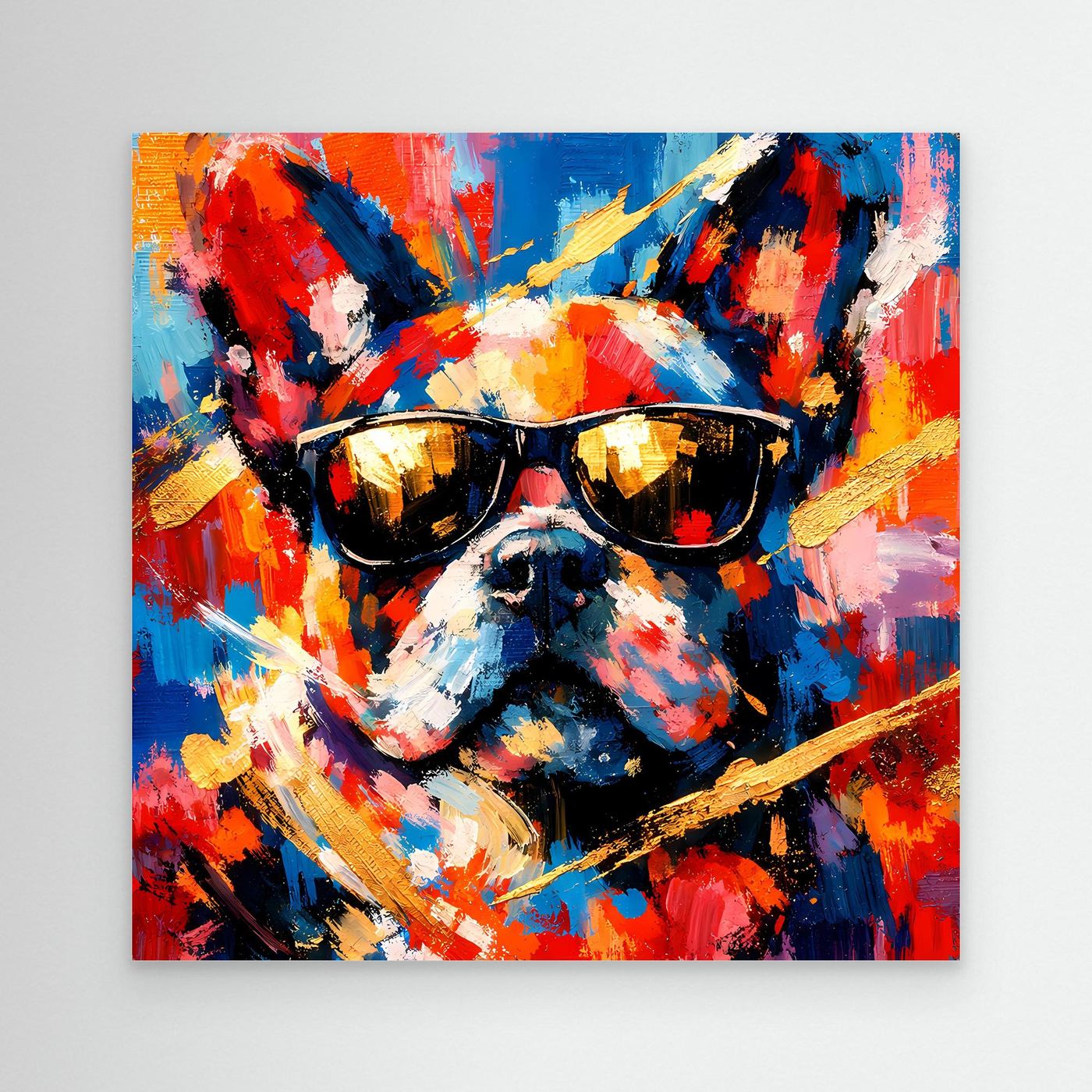 Abstraktes Leinwandbild: Französische Bulldogge mit dunklen Sonnenbrillen, bunte Pinselstriche