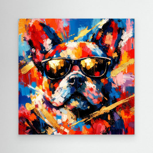 Abstraktes Leinwandbild: Französische Bulldogge mit dunklen Sonnenbrillen, bunte Pinselstriche