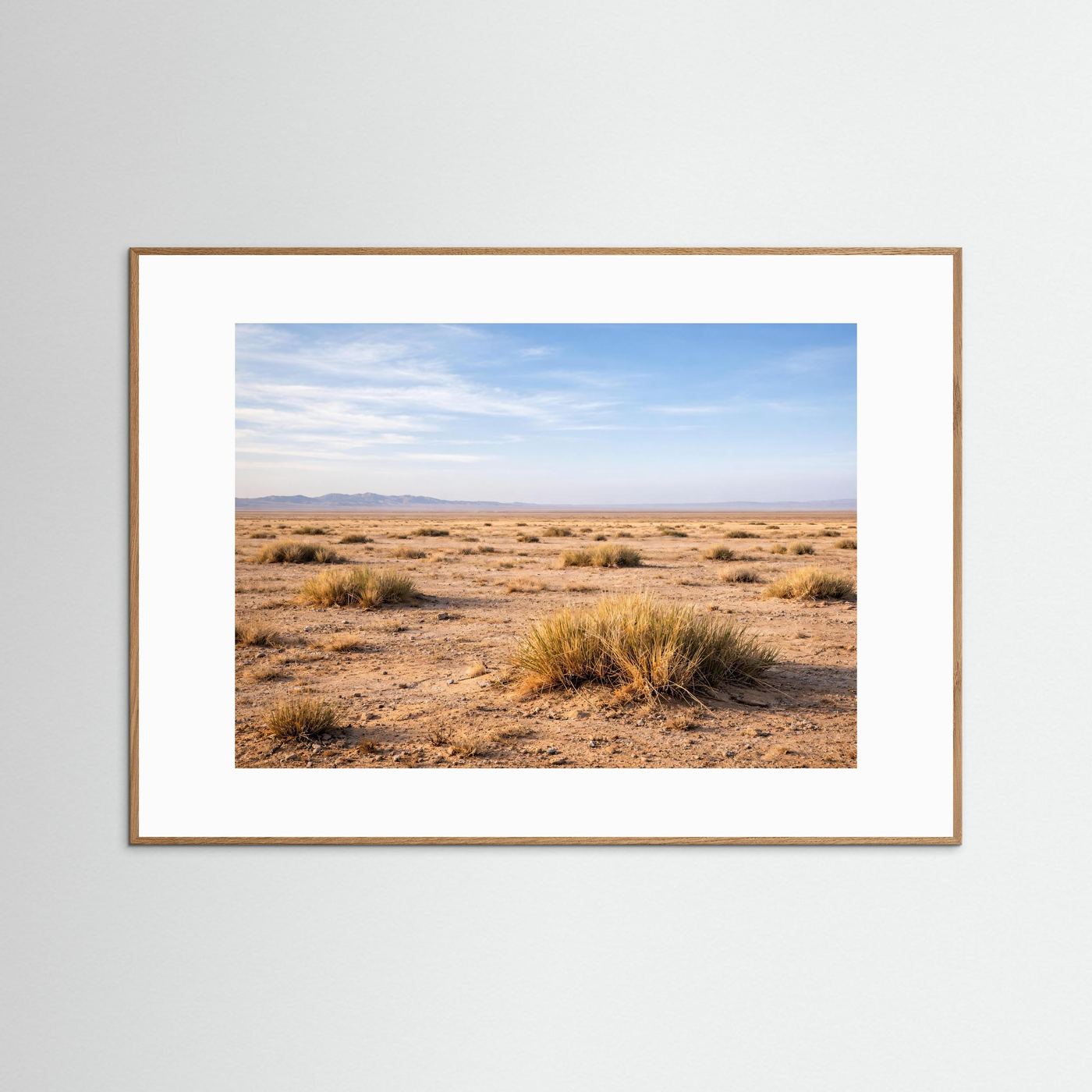 Naturposter im Querformat mit Steppe- und Panorama-Landschaft, hellbrauner Holzrahmen