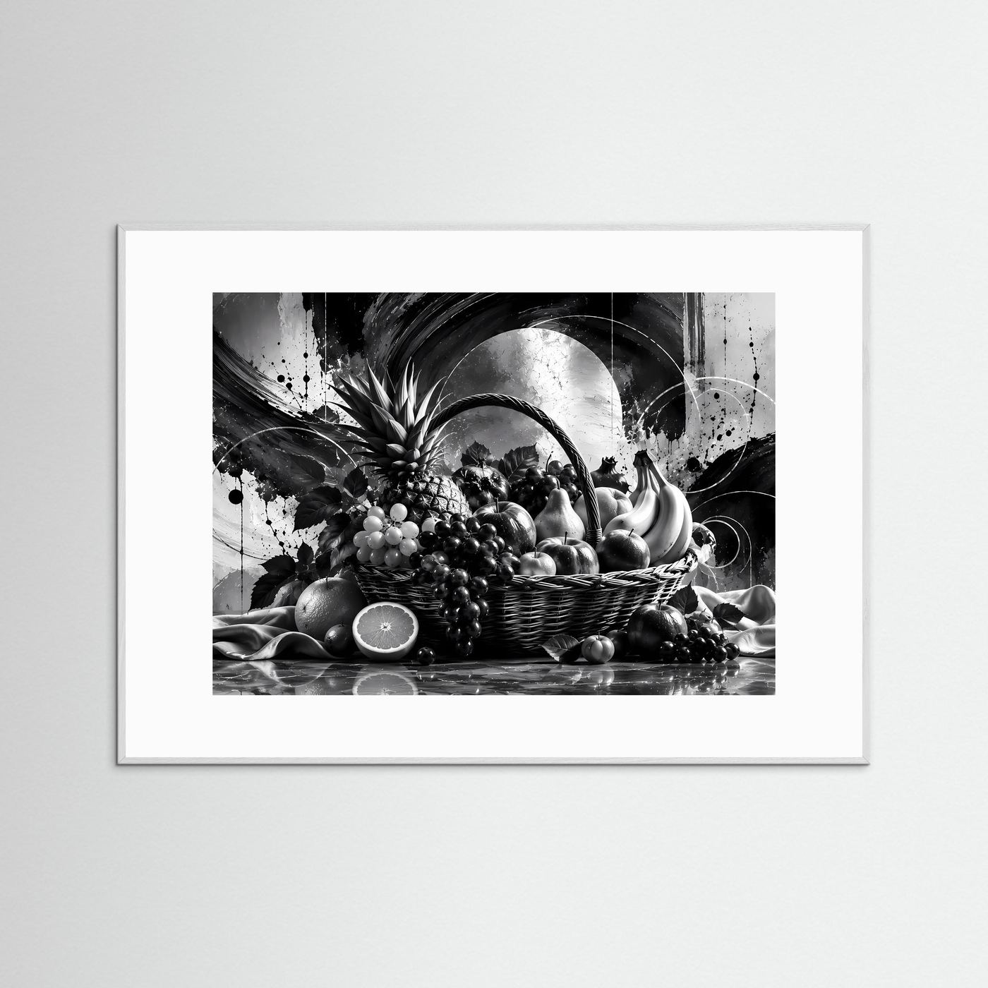 Schwarz-Weiß Obstkorb Poster | Modernes Stillleben Wandbild | Monochrome Früchte Kunst | Elegante Küchen Deko | Abstrakte Wall Art