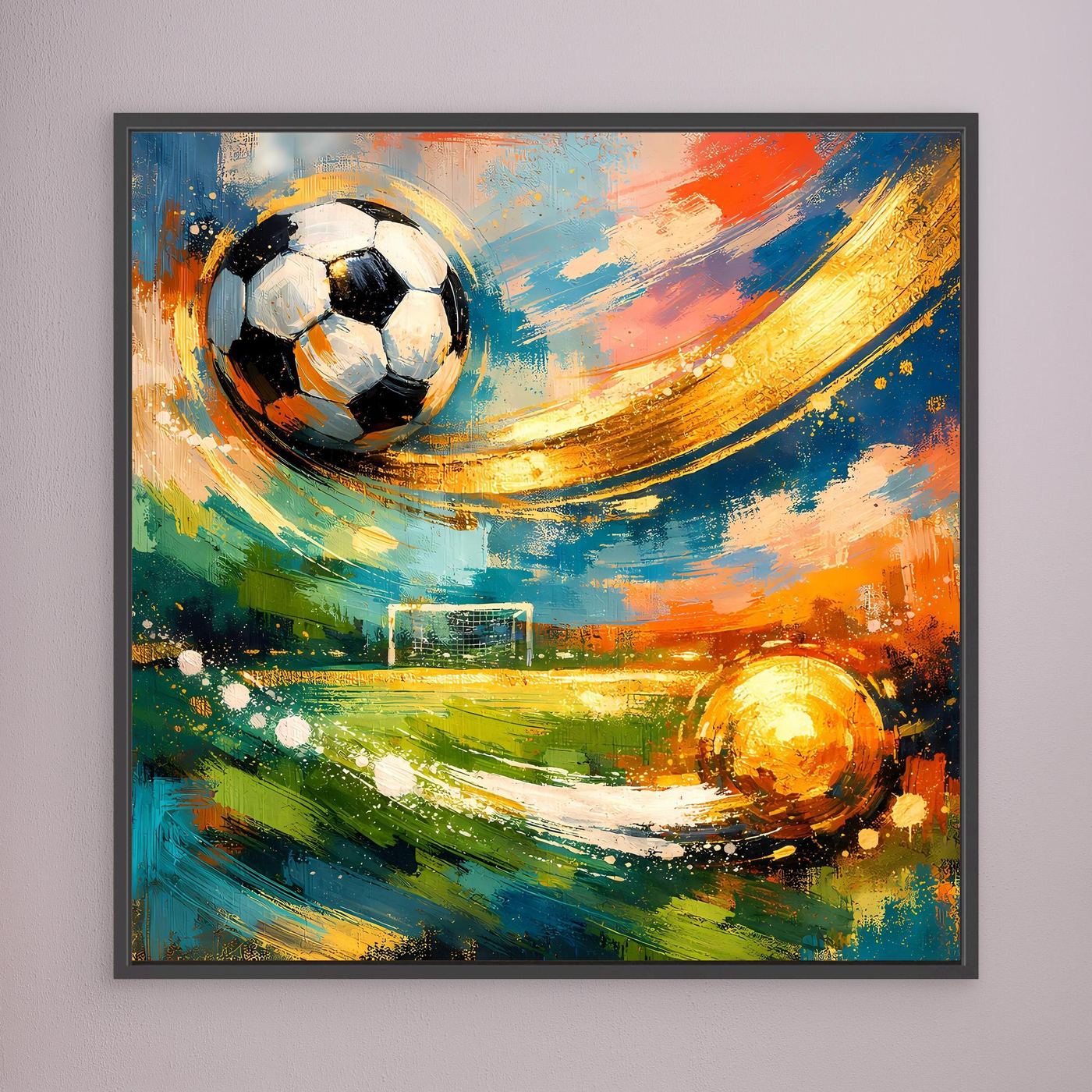 Leinwandbild mit Fußball und abstraktem Pinselstrich-Look, Rahmen in Dunkelgrau