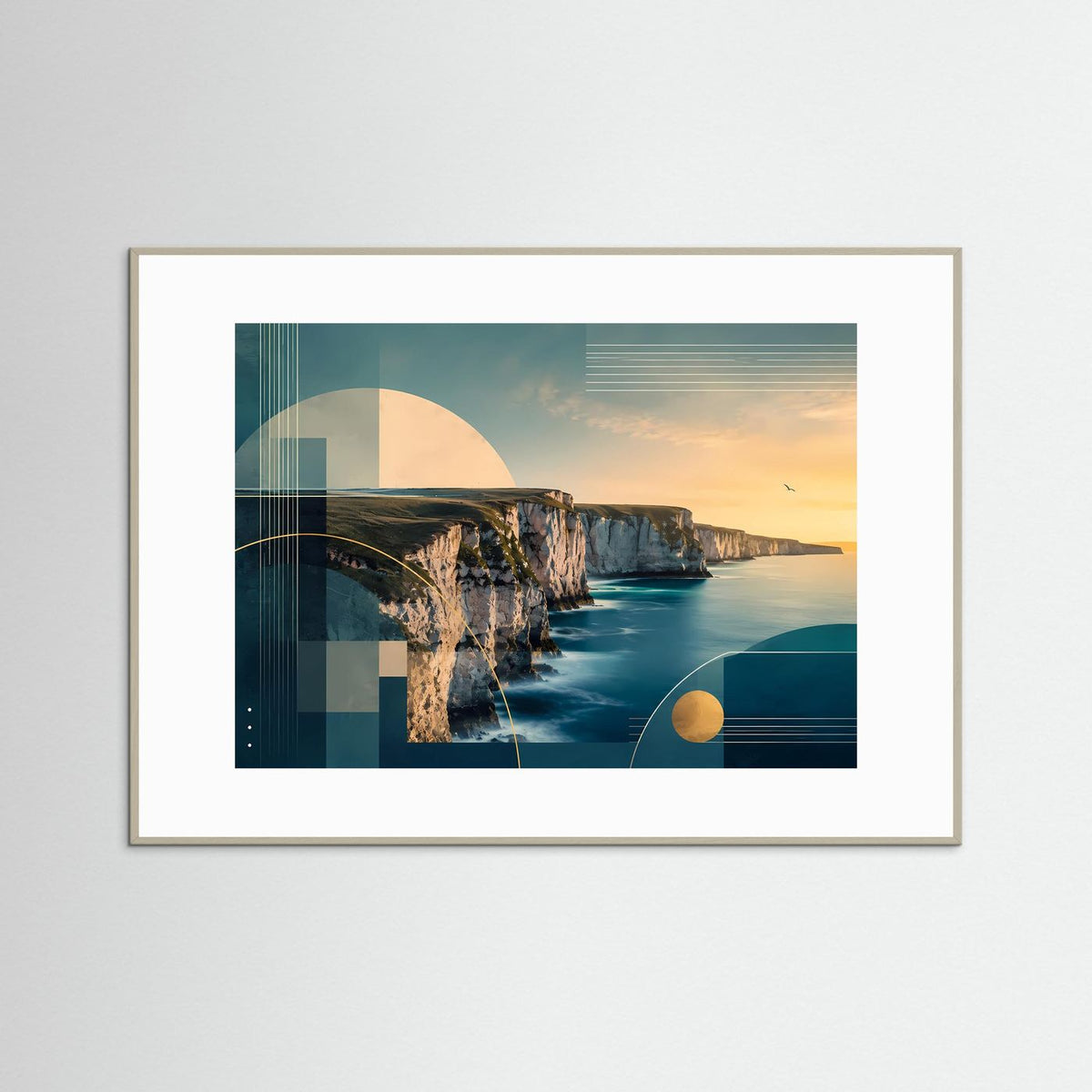 Querformat-Poster mit abstrakter Küstenlandschaft, Teal- und Goldtönen, beiger Rahmen