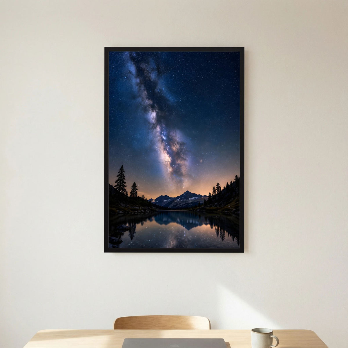 Poster im Hochformat mit Milchstraße über Bergsee, Berge und Tannen, schwarzer Rahmen