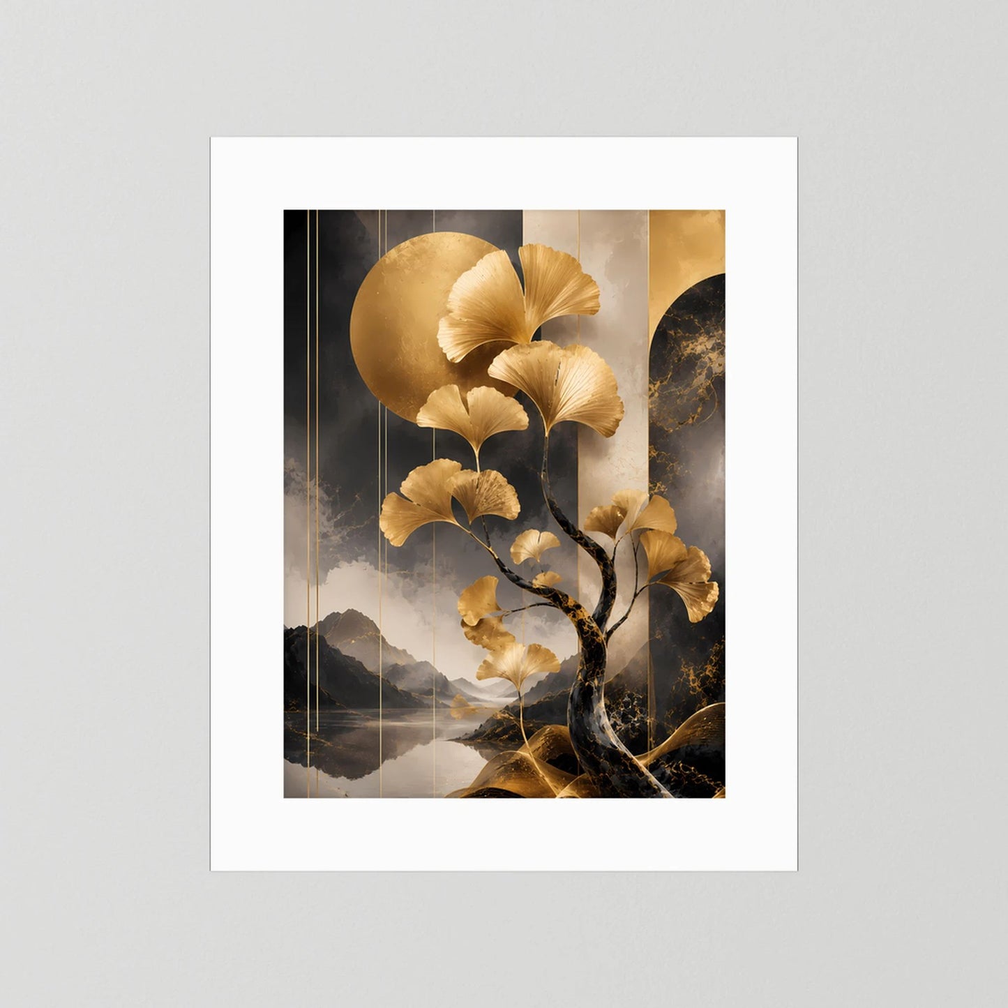 Poster (Hochformat) mit weißem Passepartout und goldener Ginkgobaum-Illustration