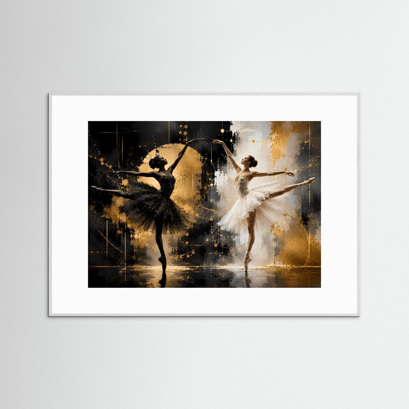 Gerahmtes Querformat-Poster: Balletttänzerinnen in Schwarz-Weiß mit goldenen Akzenten, grauer Rahmen