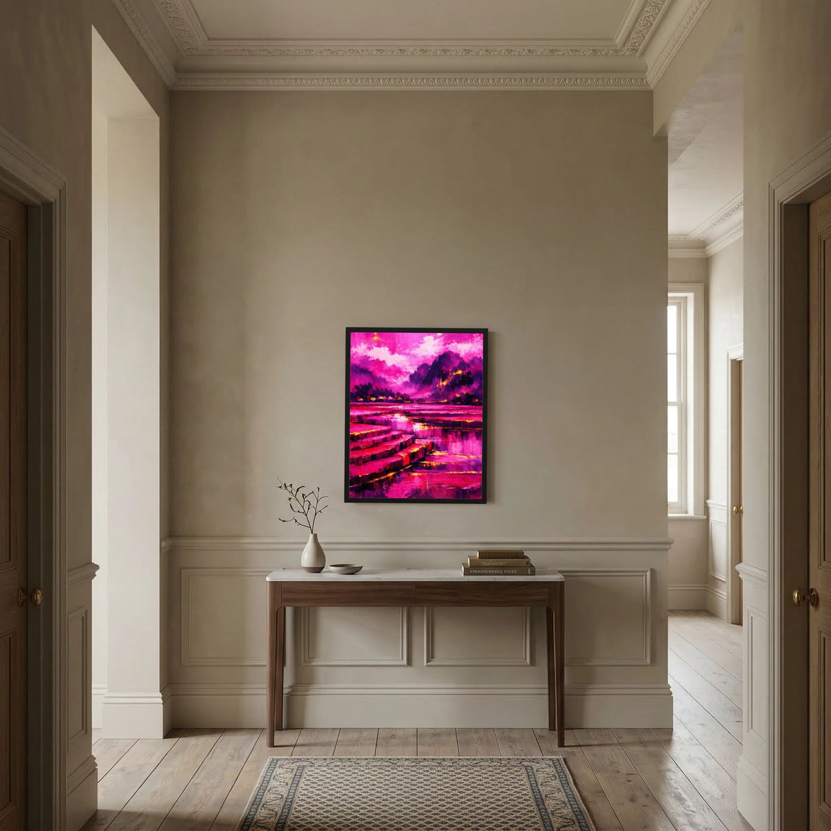 Gerahmtes abstraktes Landschafts-Poster in Pink und Magenta an dekorierter Wand