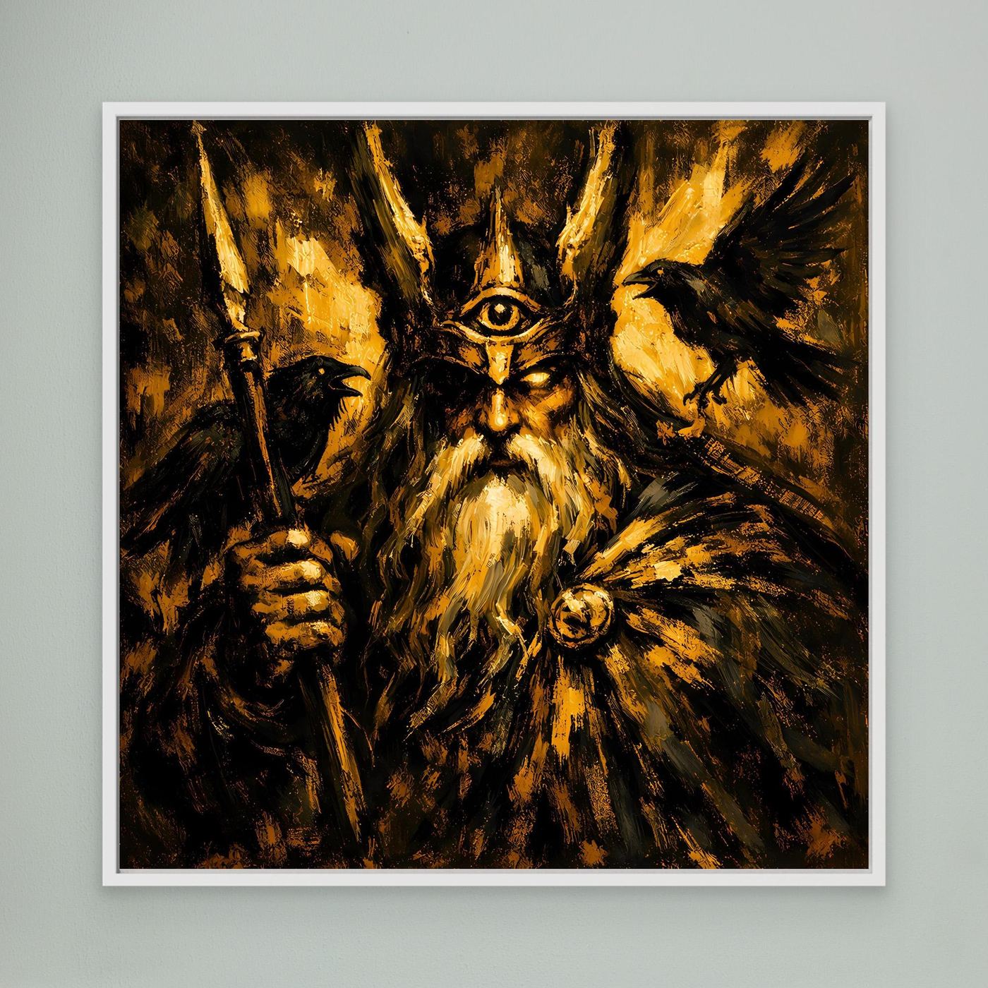 Leinwand Mythischer Allvater Odin in Goldoptik | Abstraktes Wikinger Götter Wandbild