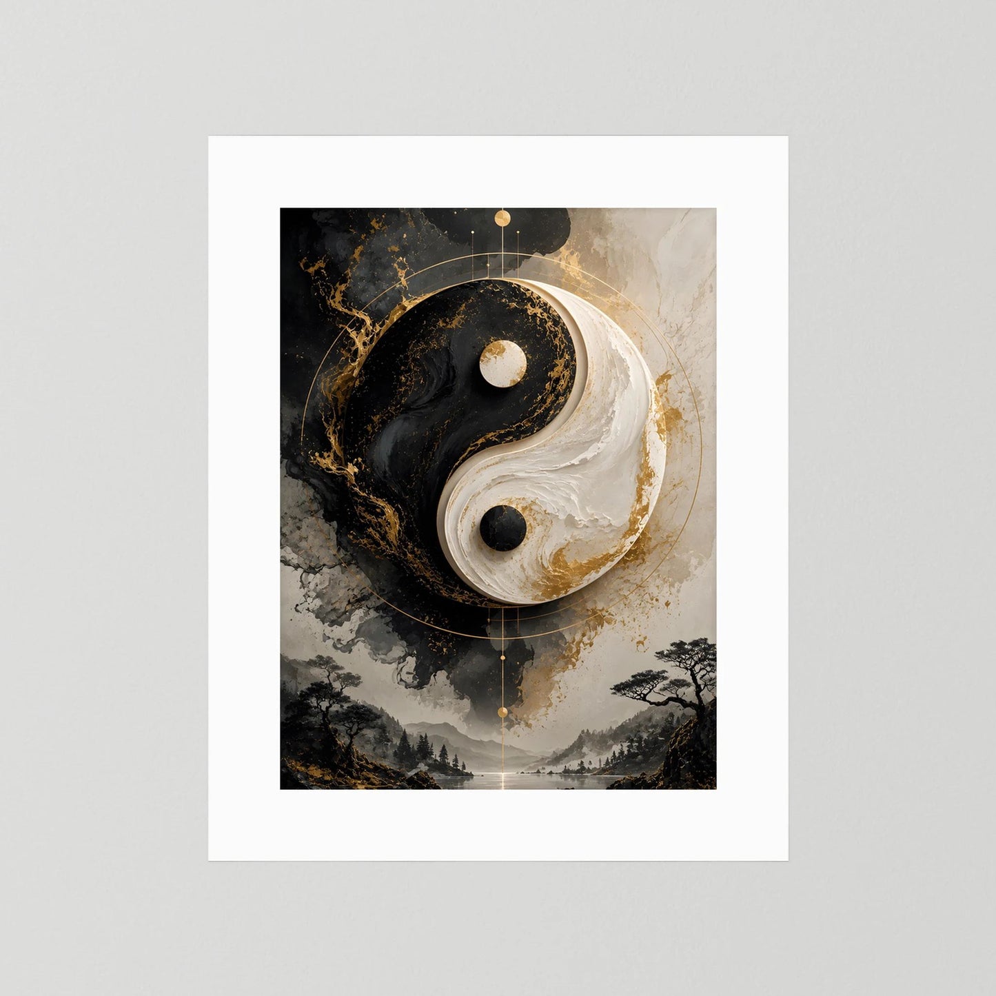 Yin-Yang-Poster Hochformat mit Schwarz-Weiß-Gold, im weißen Passepartout ohne Rahmen