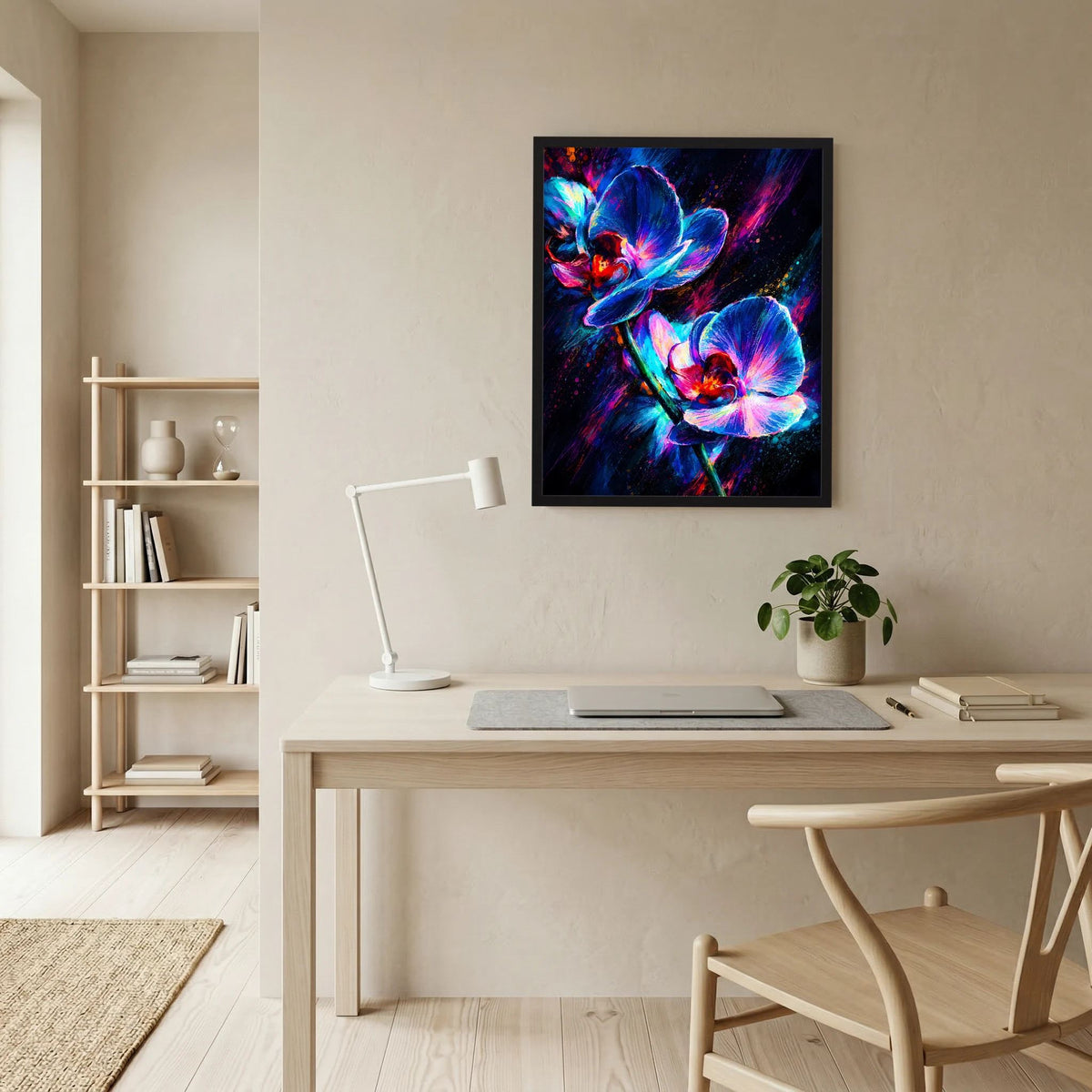 Wandposter mit abstrakten Neon-Orchideen in Blau und Pink, schwarzer Rahmen