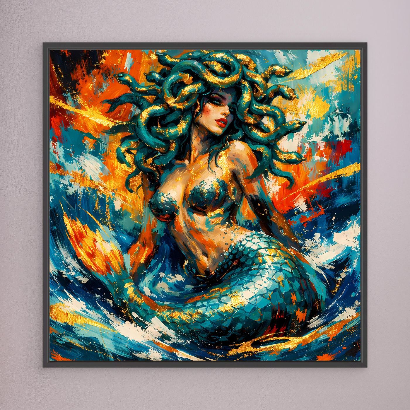 Gerahmtes Leinwandbild (schwarzer Rahmen) mit Medusa-Meerjungfrau, blau-grünes Meerfarben-Motiv