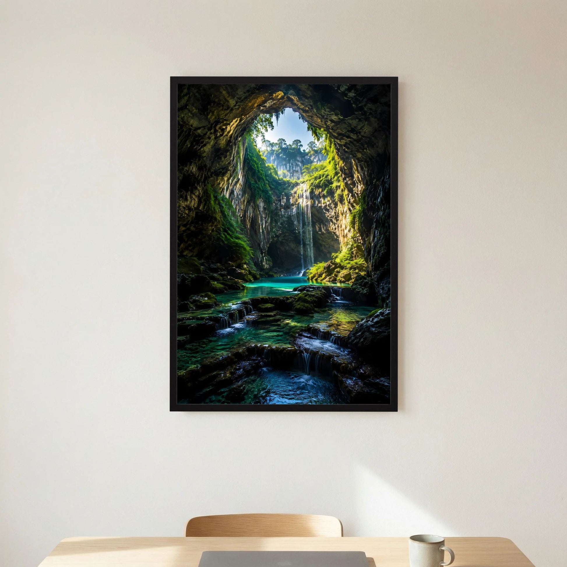 Hochformatiges Kunstposter: Wasserfallhöhle mit türkisfarbenem Fluss, schwarzer Rahmen