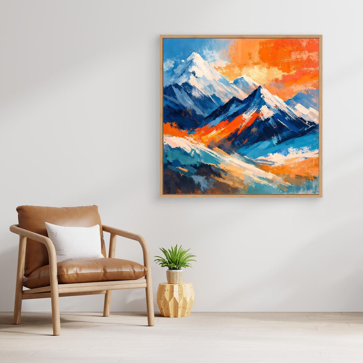 Abstraktes Leinwand-Berggemälde mit goldfarbenem Rahmen in Blau, Orange und Weiß