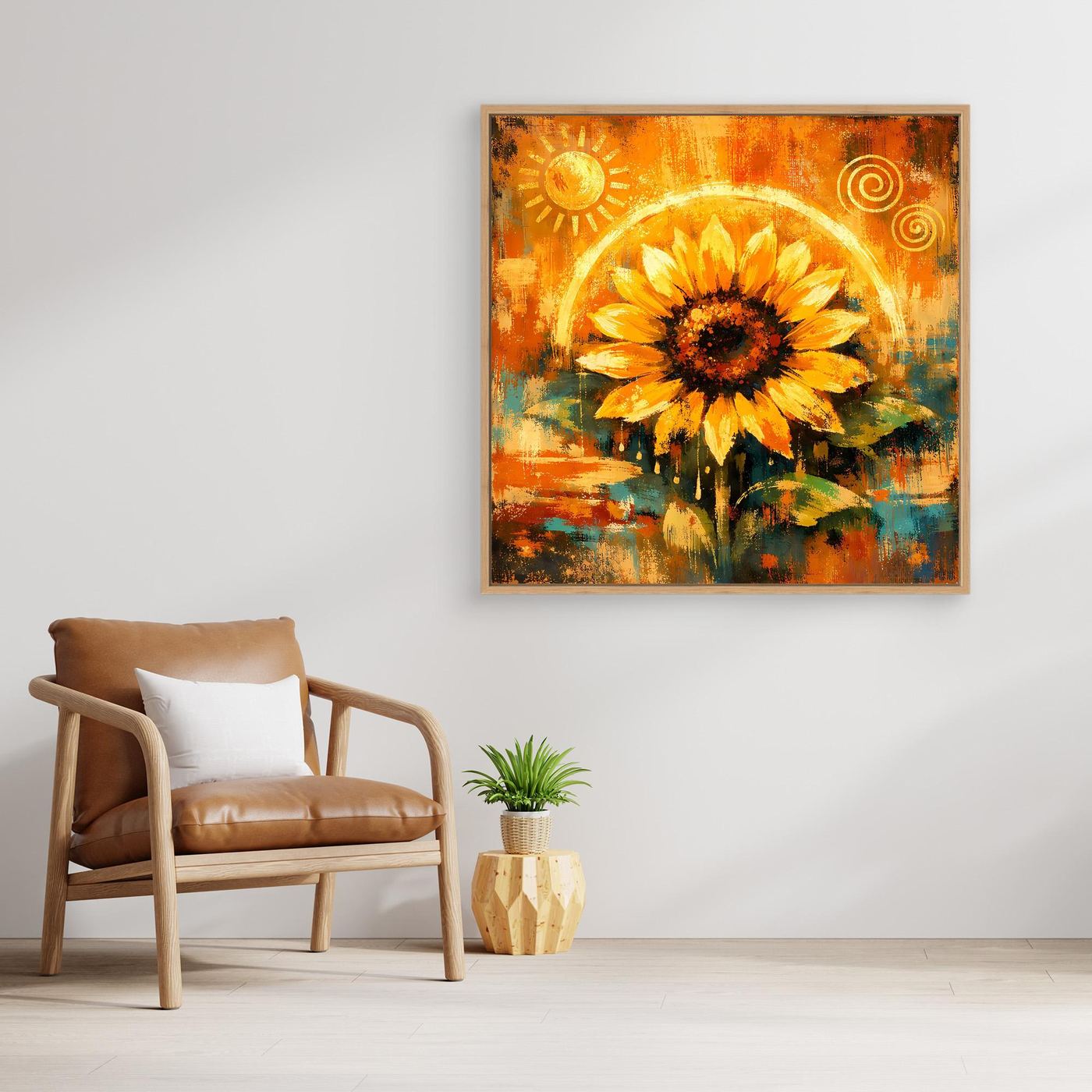 Gerahmtes Leinwandbild mit goldener Sonnenblume, abstrakte Landschaftsfarben und Pinseltextur