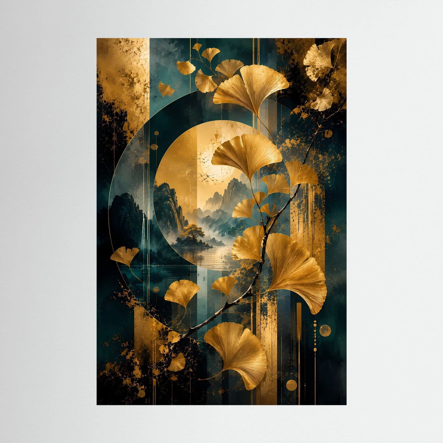Hochformatiges Ginkgo-Poster mit goldenen Blättern, petrolblauem Himmel und Landschaft