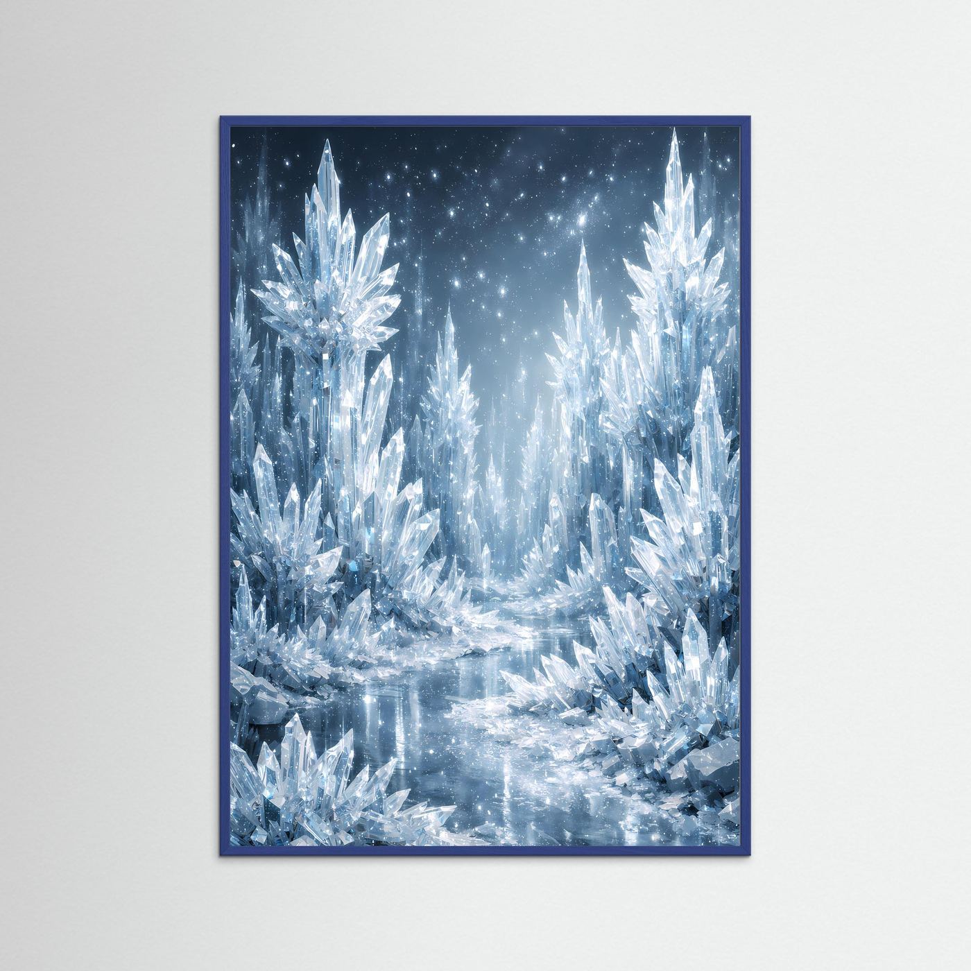 Eiskristallposter mit dunkelblauem Rahmen: glitzernde Eisstrukturen und helle Sterne.