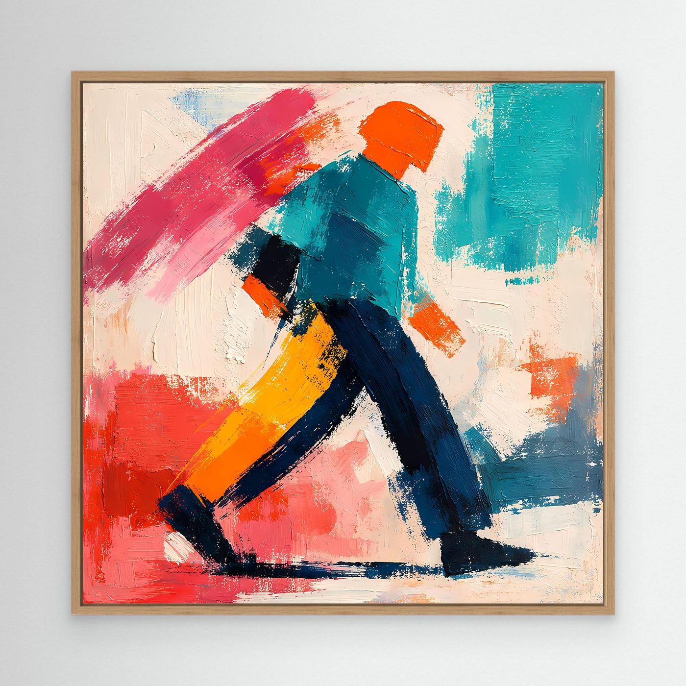 Abstract pop art wall painting in wood frame, colorful strolling figure in red and teal