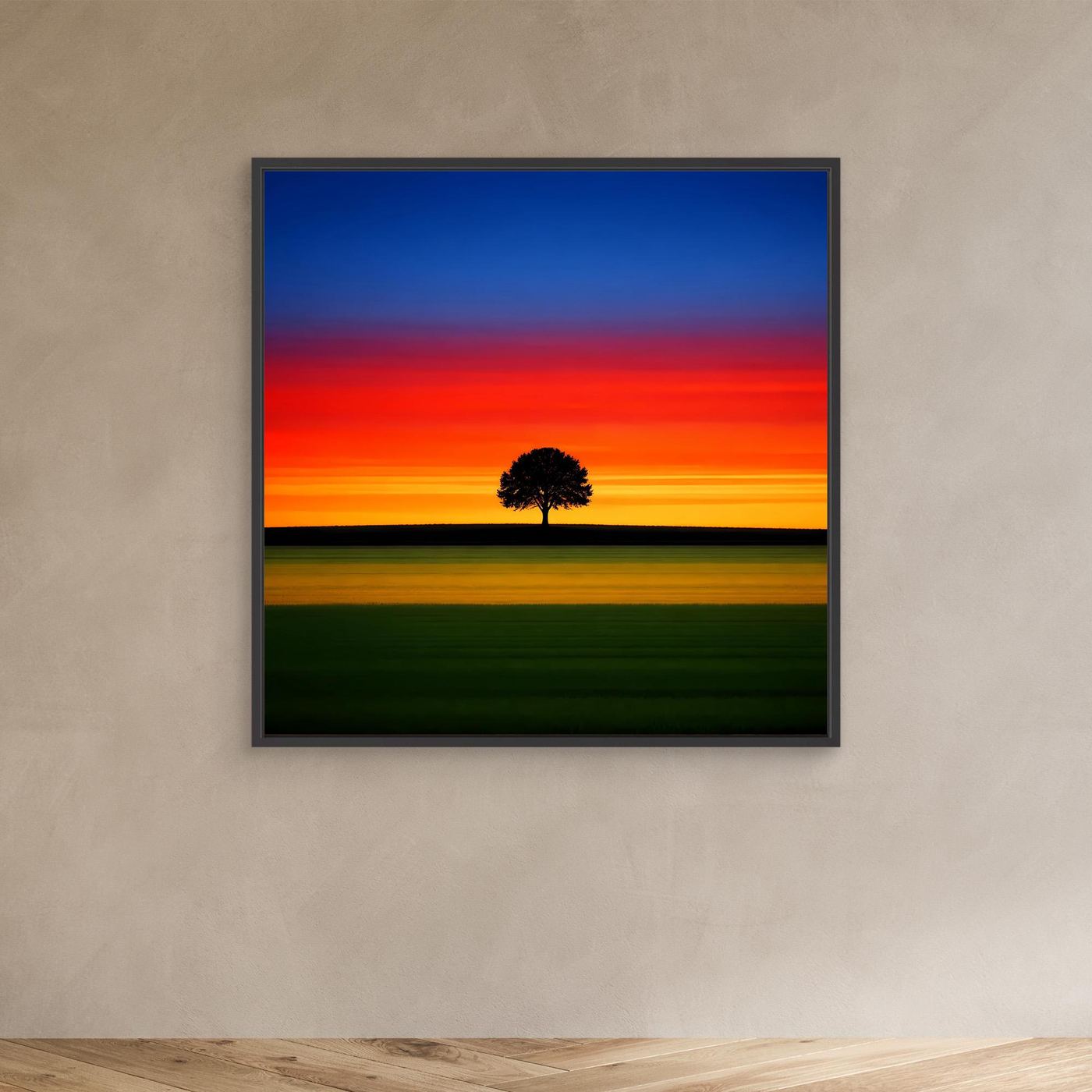 Leinwandbild: Sonnenuntergang mit Baum-Silhouette, schwarzer Holzrahmen