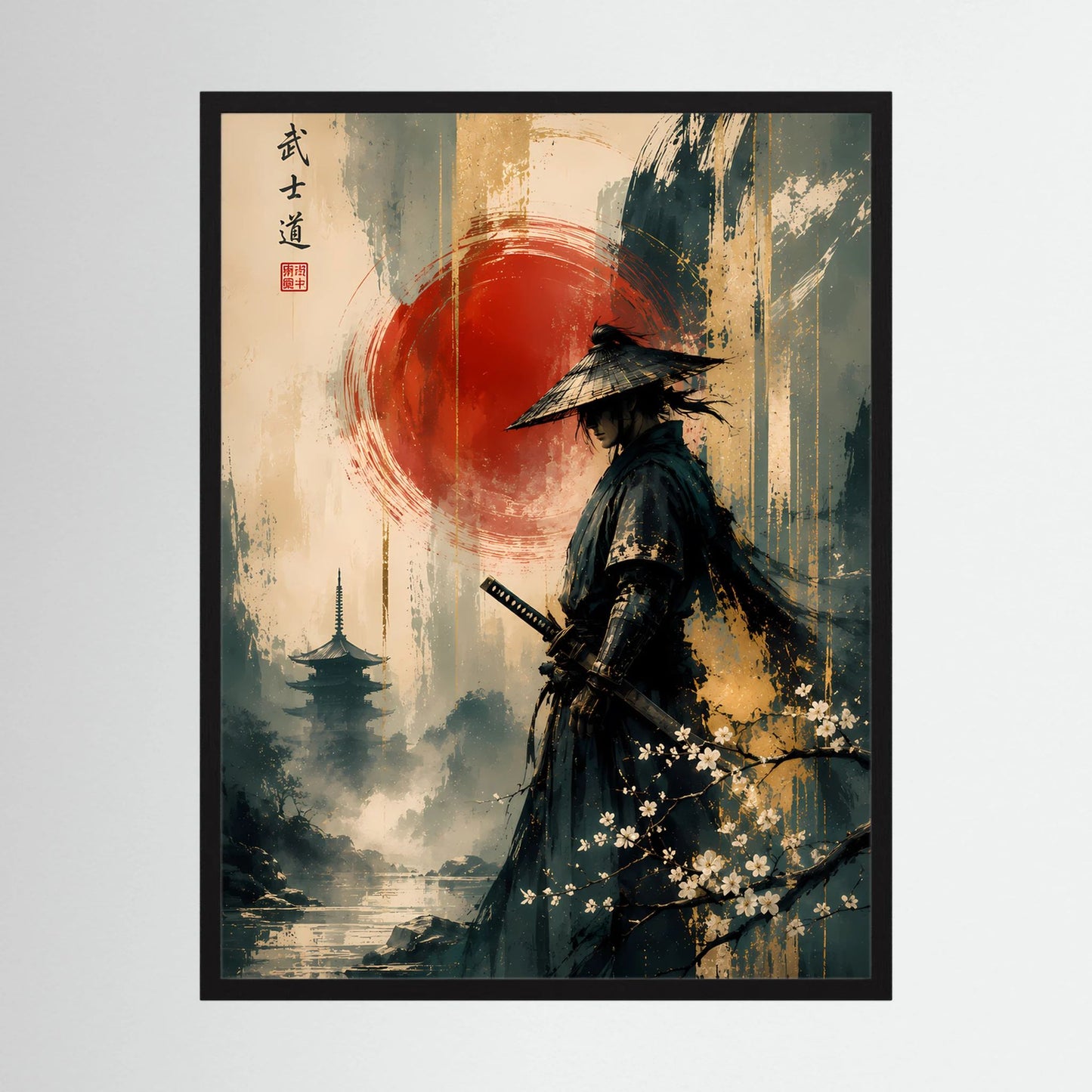 Hochformatiges Poster mit Samurai in dunklem Gewand vor roter Sonne und Kirschblüten